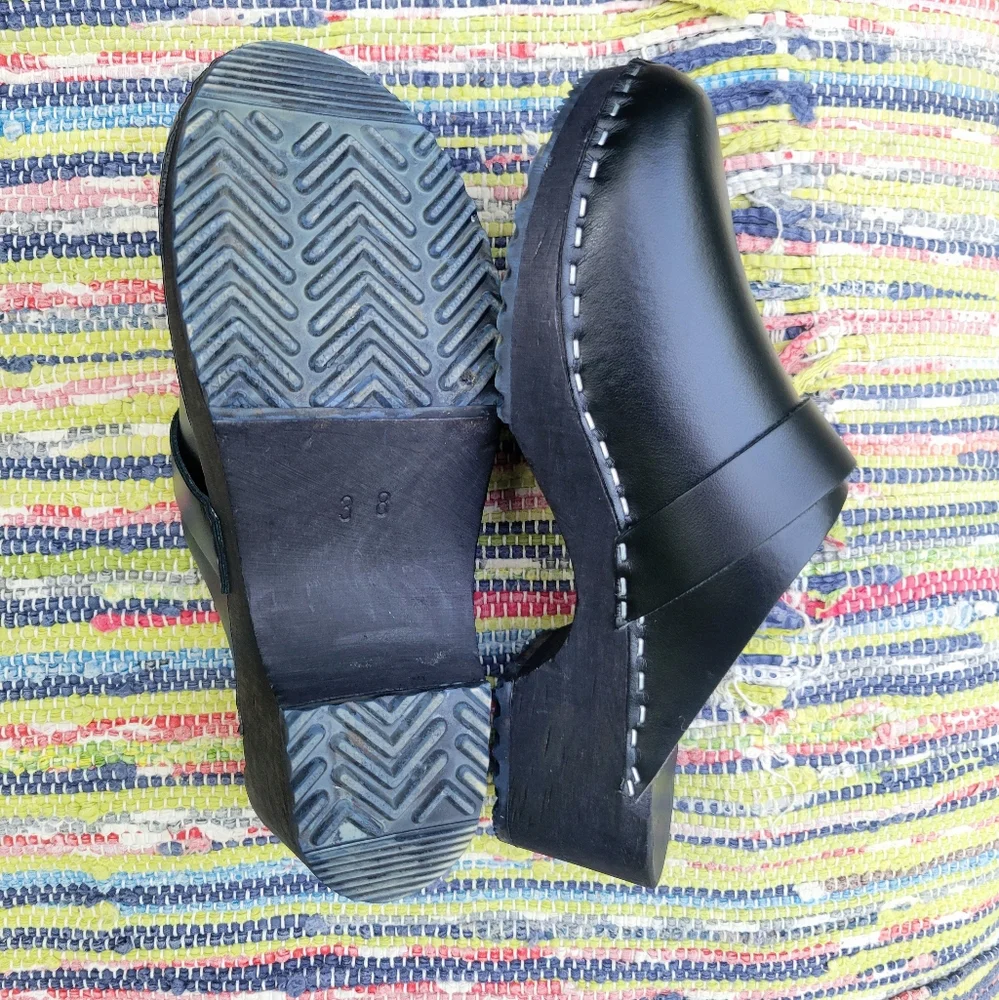 Toffeln Black Leather Wooden Clogs Size 7.5 / EU 38 - Picture 3 of 3